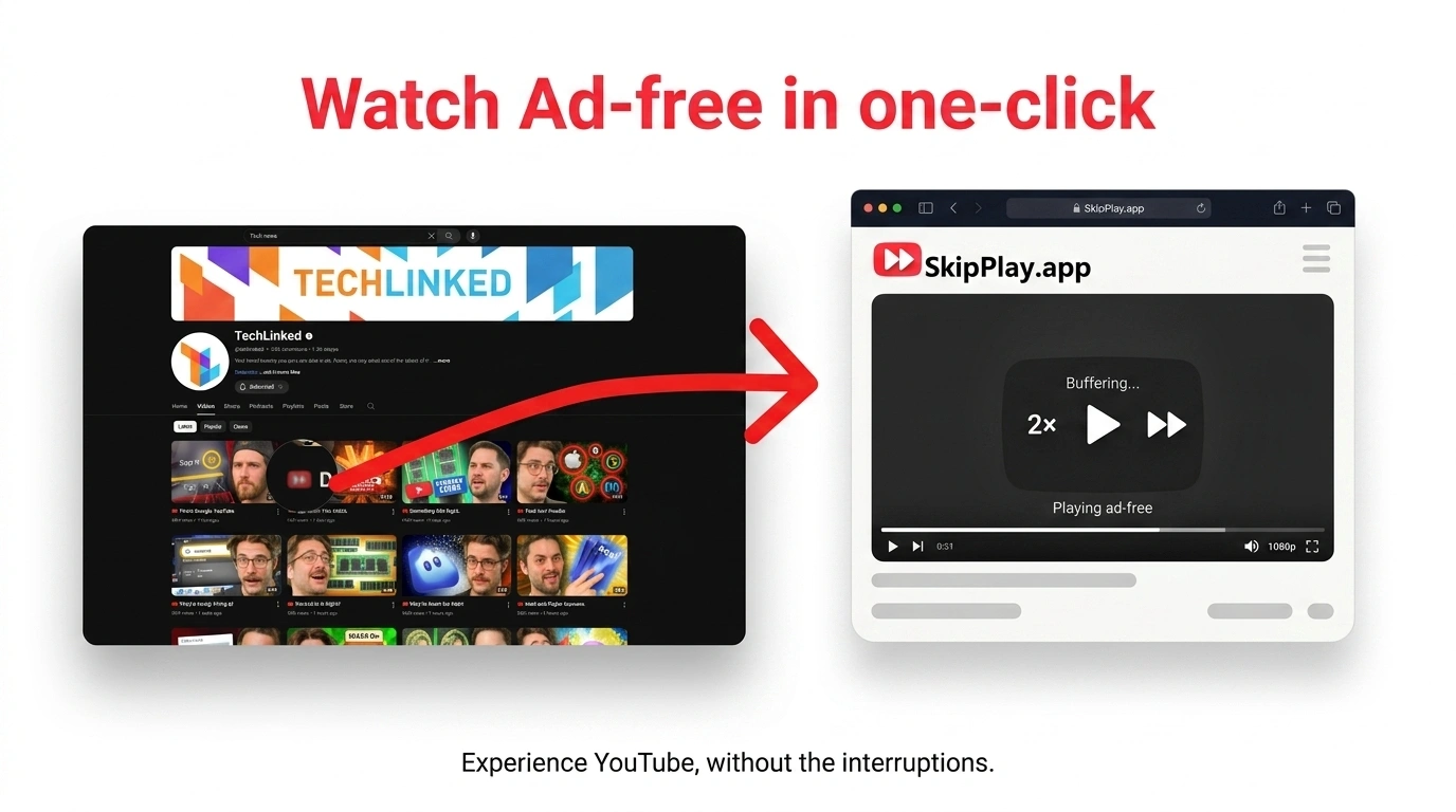 Watch YouTube ad-free in one click. SkipPlay opens from any video